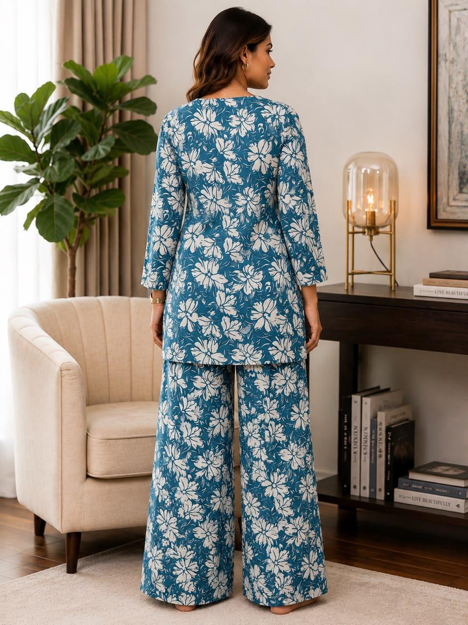 Women's Blue Floral Printed Co-Ord Set | Tunic Style Top with Wide Leg Palazzo Pants | Casual & Lounge Wear by EEYEE in blue - front product view