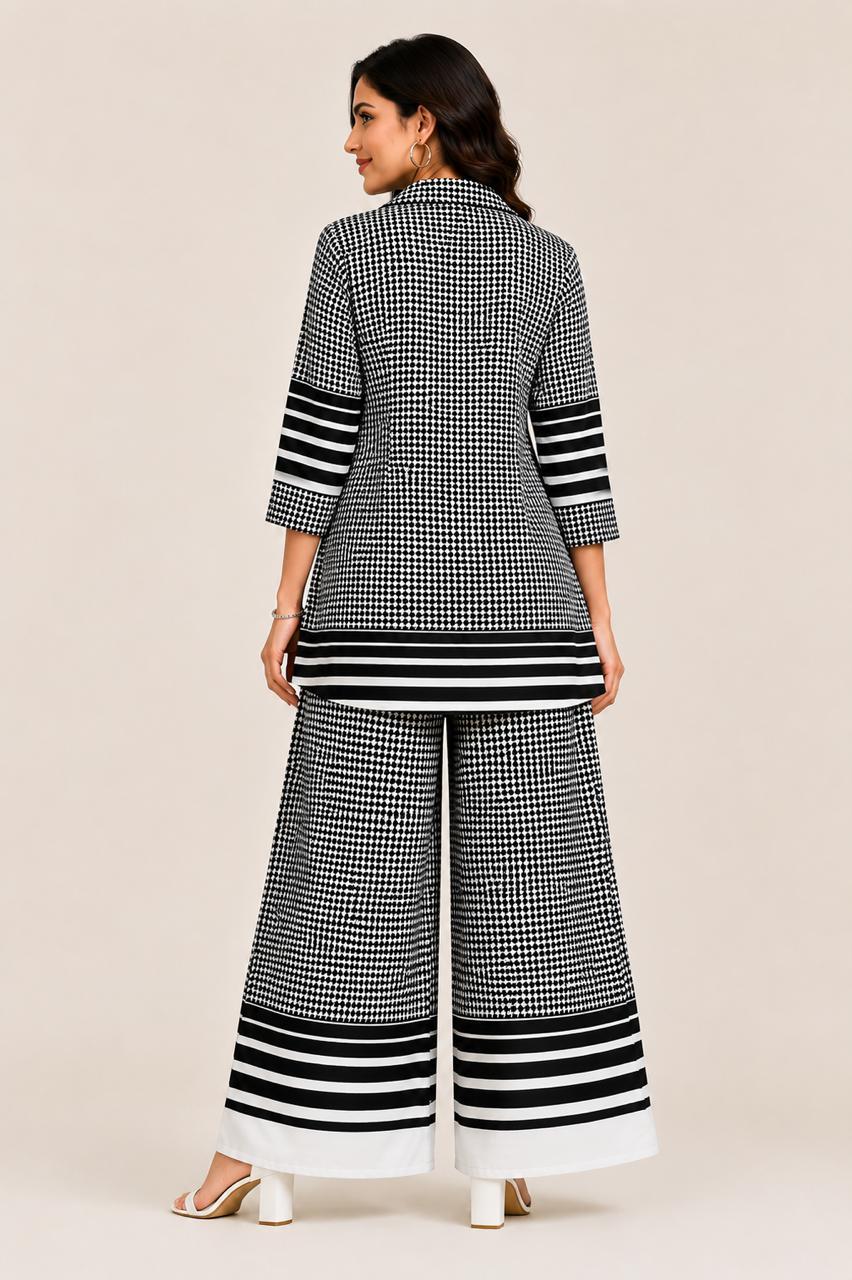 Women's Houndstooth Printed Co-Ord Set | Tunic Style Top with Palazzo Pants | 3/4 Sleeves | Casual & Office Wear by EEYEE in black - product view 4