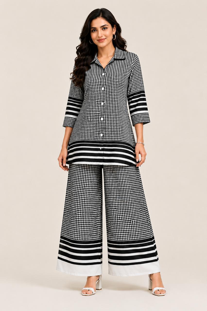 Women's Houndstooth Printed Co-Ord Set | Tunic Style Top with Palazzo Pants | 3/4 Sleeves | Casual & Office Wear by EEYEE in black - product view 2