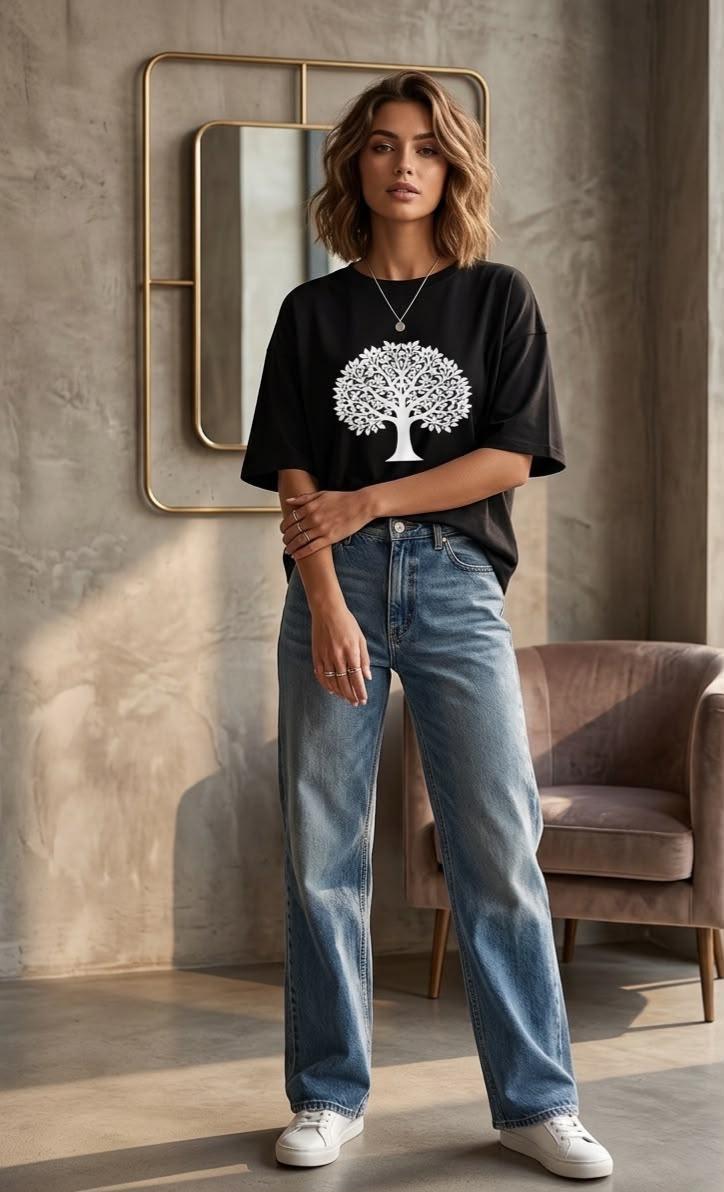 Oversized Graphic T-Shirt – Black | Premium Cotton | Relaxed Fit by EEYEE in black - front product view