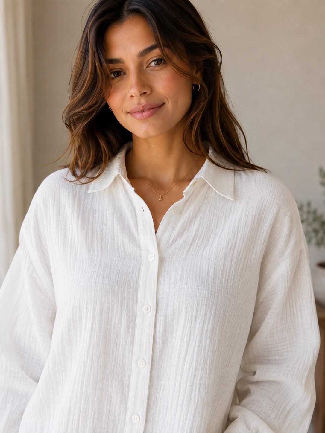 Women's White Cotton Textured Relaxed Fit Shirt by EEYEE in white - front product view
