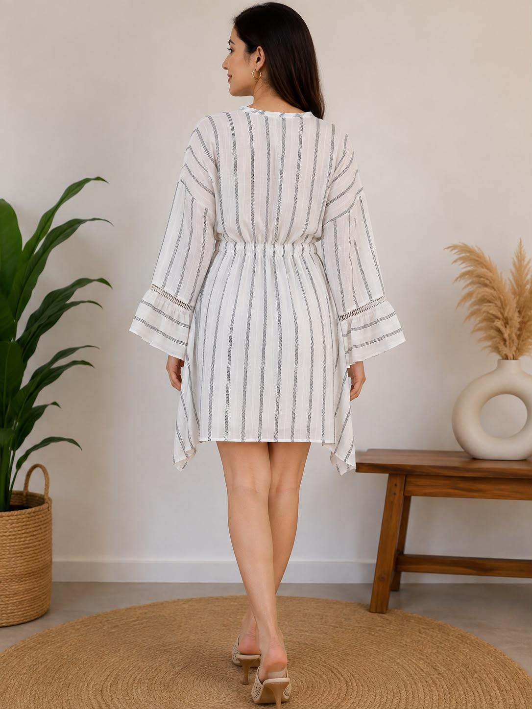 EEYEE Ivory Striped Drawstring Kaftan by EEYEE in white - product view 3