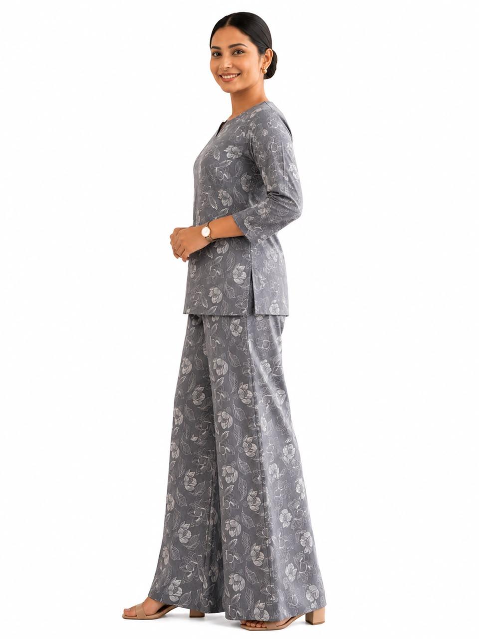 Women's Grey Floral Printed Co-Ord Set | Tunic Style Top with Wide Leg Palazzo Pants | Casual, Office & Lounge Wear by EEYEE in grey - product view 2