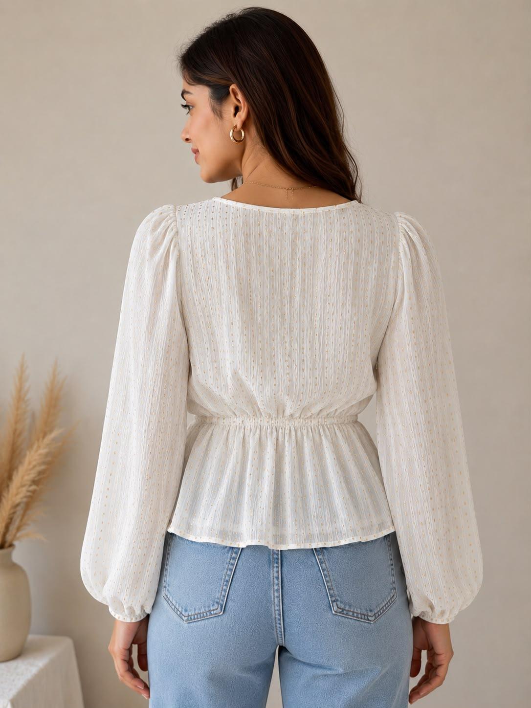 Women's White Textured Peplum Top | V-Neck Smocked Blouse | Full Bishop Sleeves | Casual & Party Wear by EEYEE in white - product view 3