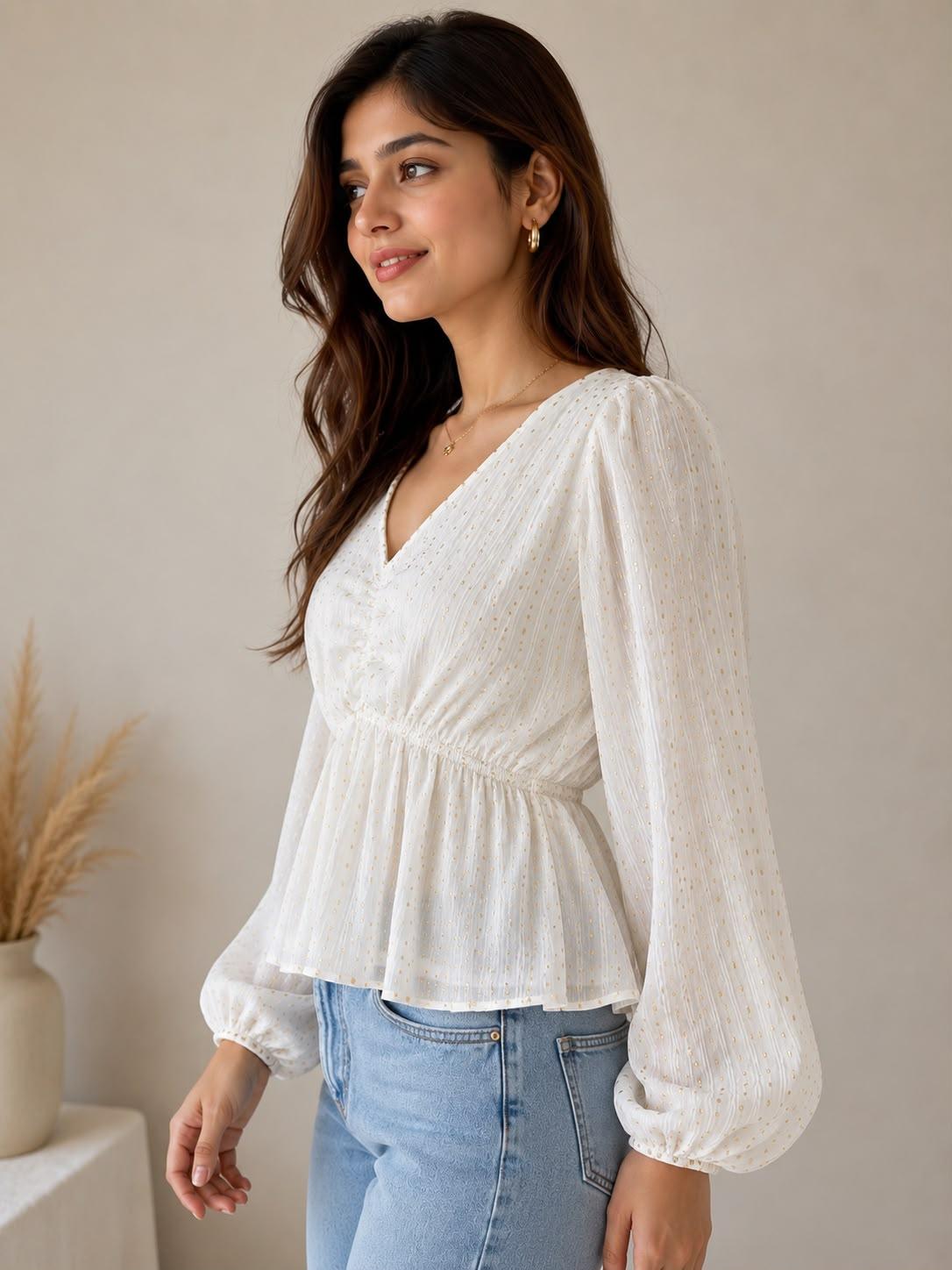 Women's White Textured Peplum Top | V-Neck Smocked Blouse | Full Bishop Sleeves | Casual & Party Wear by EEYEE in white - product view 4