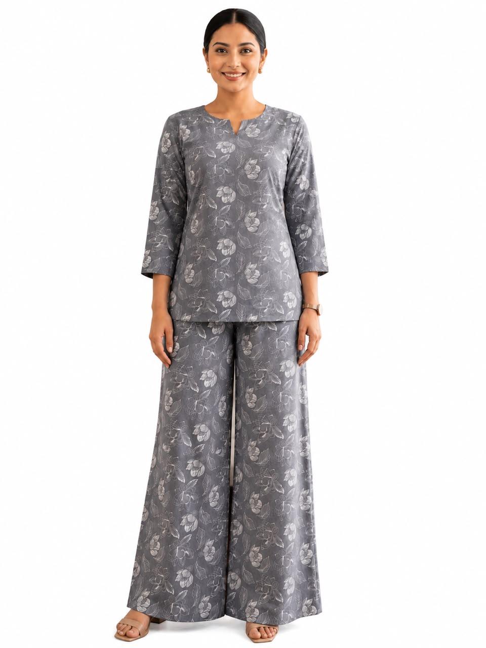 Women's Grey Floral Printed Co-Ord Set | Tunic Style Top with Wide Leg Palazzo Pants | Casual, Office & Lounge Wear by EEYEE in grey - front product view