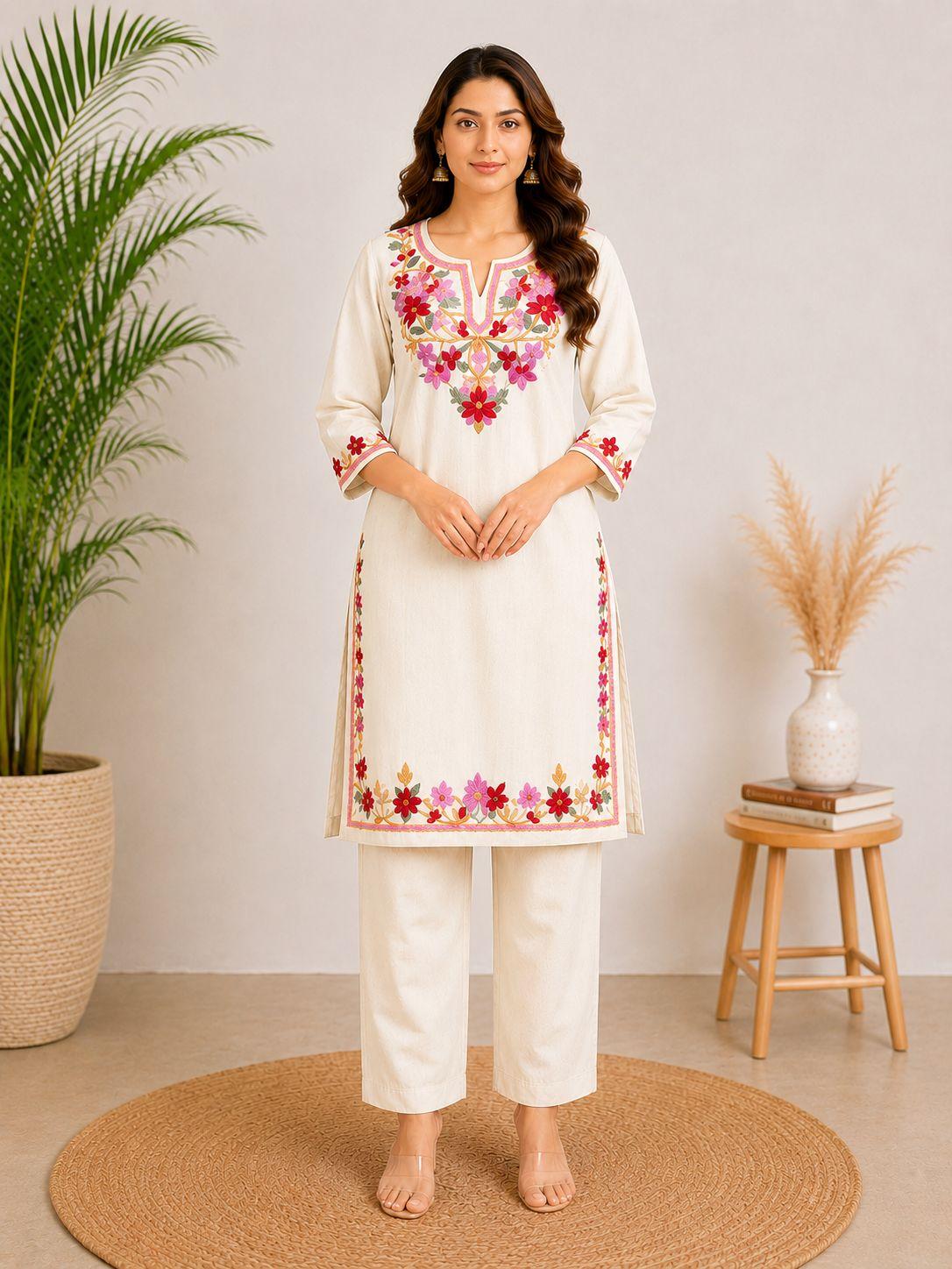 EEYEE Women's Floral Embroidered Ivory Cotton Blend Co-ord Set by EEYEE in Ivory - product view 2