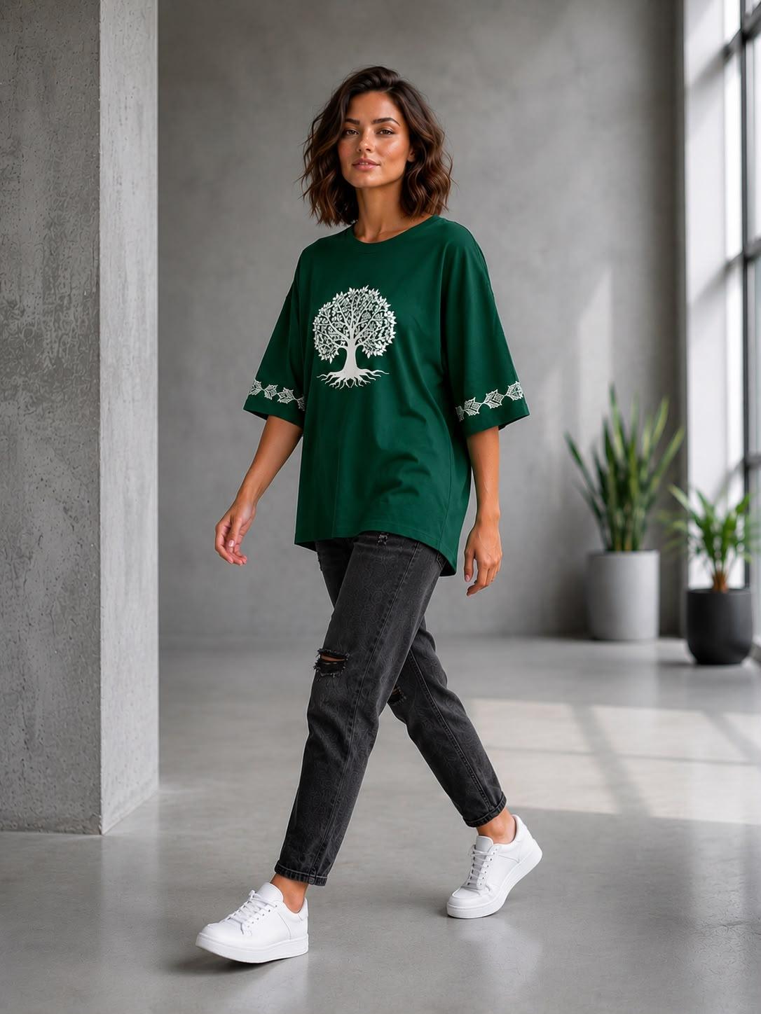 Green Oversized Graphic T-Shirt by EEYEE in green - front product view
