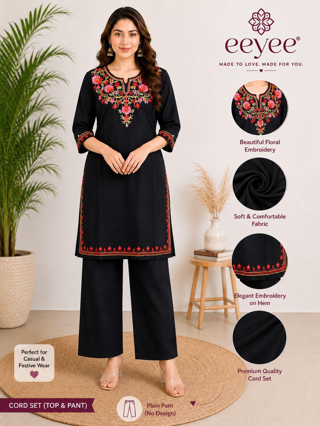 Women's Black Floral Embroidered Kurta with Straight Pant Co-Ord Set | 3/4 Sleeves | Ethnic Wear by EEYEE in black - product view 3