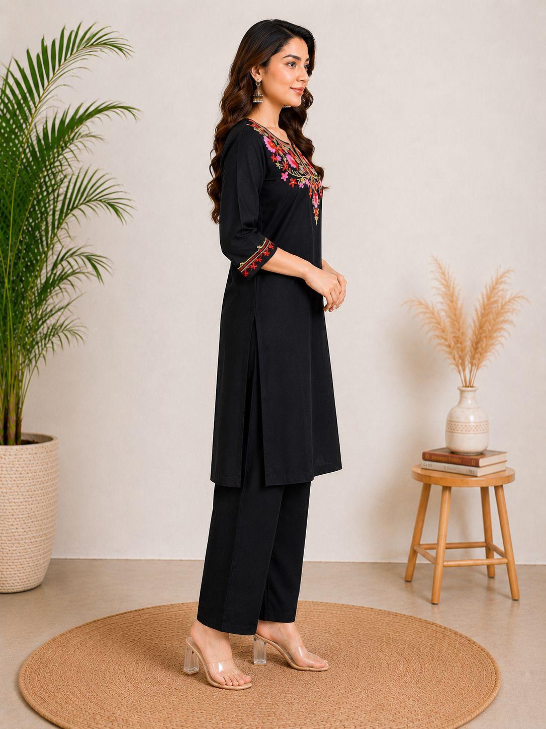 Women's Black Floral Embroidered Kurta with Straight Pant Co-Ord Set | 3/4 Sleeves | Ethnic Wear by EEYEE in black - front product view