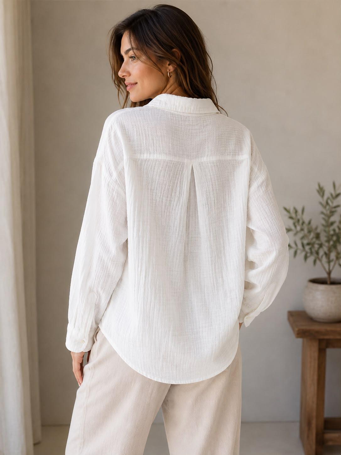 Women's White Cotton Textured Relaxed Fit Shirt by EEYEE in white - product view 4