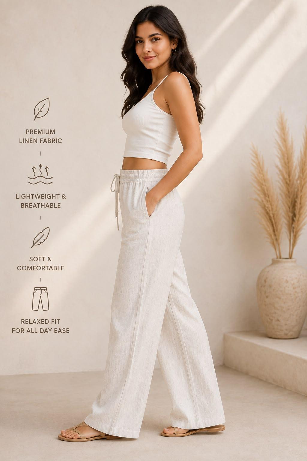 Women's Linen Blend Wide Leg Drawstring Pants | Relaxed Fit | Off White by EEYEE in beige - front product view