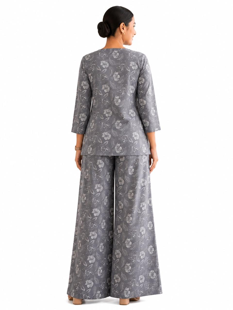 Women's Grey Floral Printed Co-Ord Set | Tunic Style Top with Wide Leg Palazzo Pants | Casual, Office & Lounge Wear by EEYEE in grey - product view 3