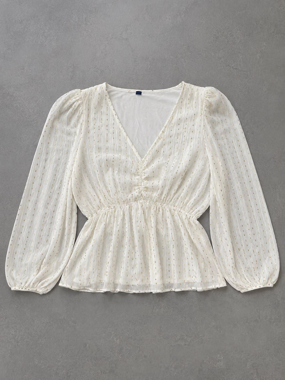 Women's White Textured Peplum Top | V-Neck Smocked Blouse | Full Bishop Sleeves | Casual & Party Wear by EEYEE in white - product view 2