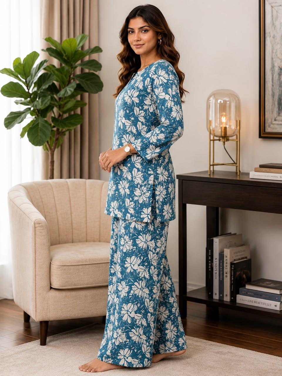 Women's Blue Floral Printed Co-Ord Set | Tunic Style Top with Wide Leg Palazzo Pants | Casual & Lounge Wear by EEYEE in blue - product view 2