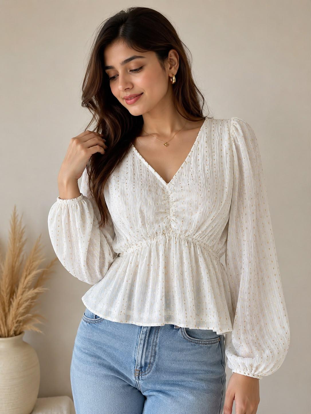 Women's White Textured Peplum Top | V-Neck Smocked Blouse | Full Bishop Sleeves | Casual & Party Wear by EEYEE in white - front product view