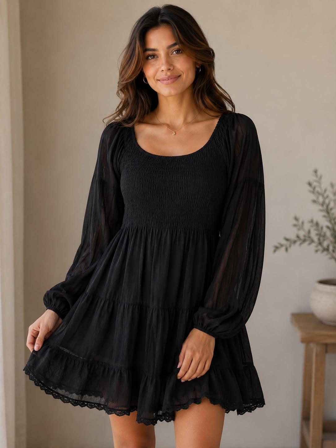 EEYEE Midnight Charm Smocked Mini Dress by EEYEE in black - front product view