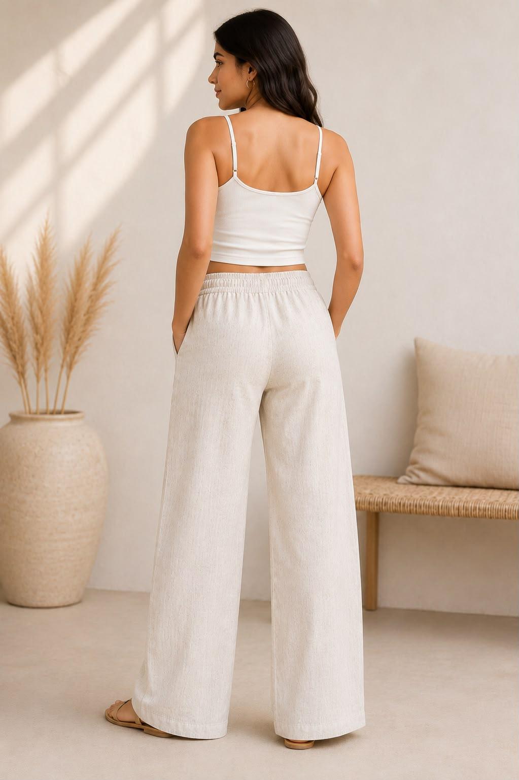 Women's Linen Blend Wide Leg Drawstring Pants | Relaxed Fit | Off White by EEYEE in beige - product view 3