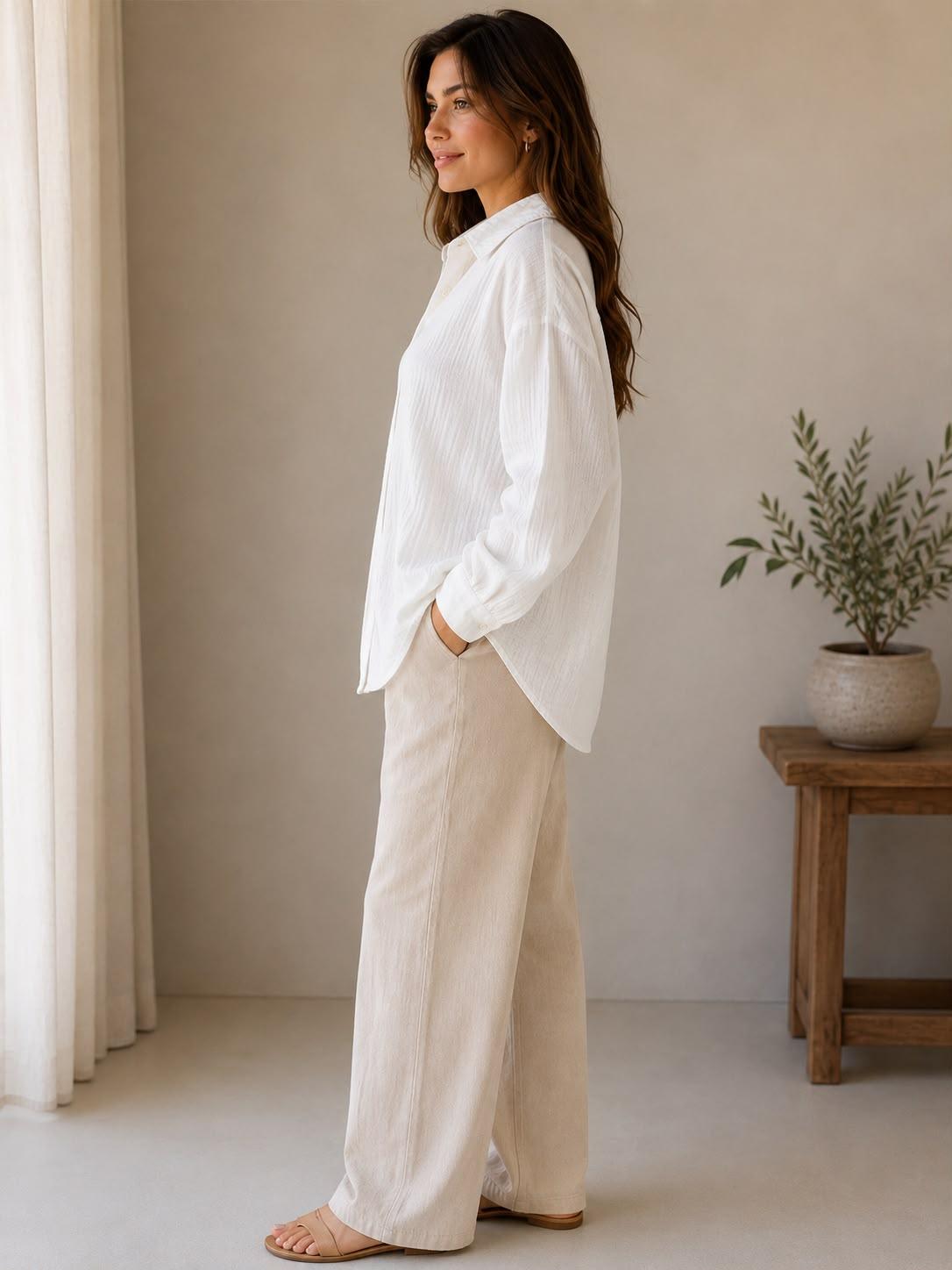 Women's White Cotton Textured Relaxed Fit Shirt by EEYEE in white - product view 2