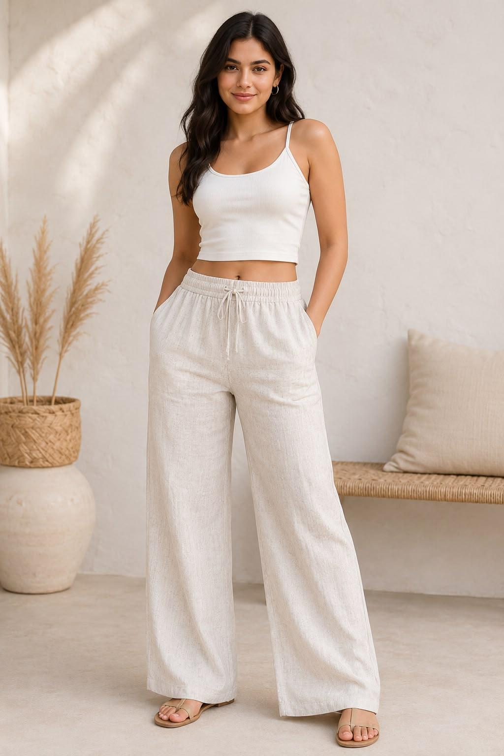 Women's Linen Blend Wide Leg Drawstring Pants | Relaxed Fit | Off White by EEYEE in beige - product view 2