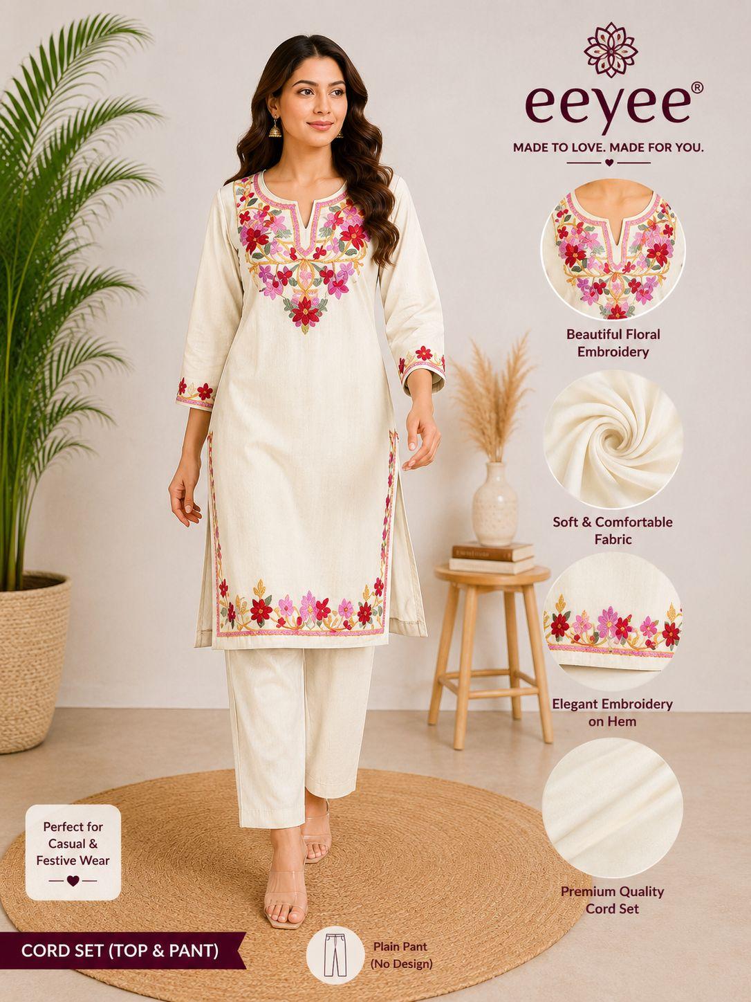 EEYEE Women's Floral Embroidered Ivory Cotton Blend Co-ord Set by EEYEE in Ivory - front product view