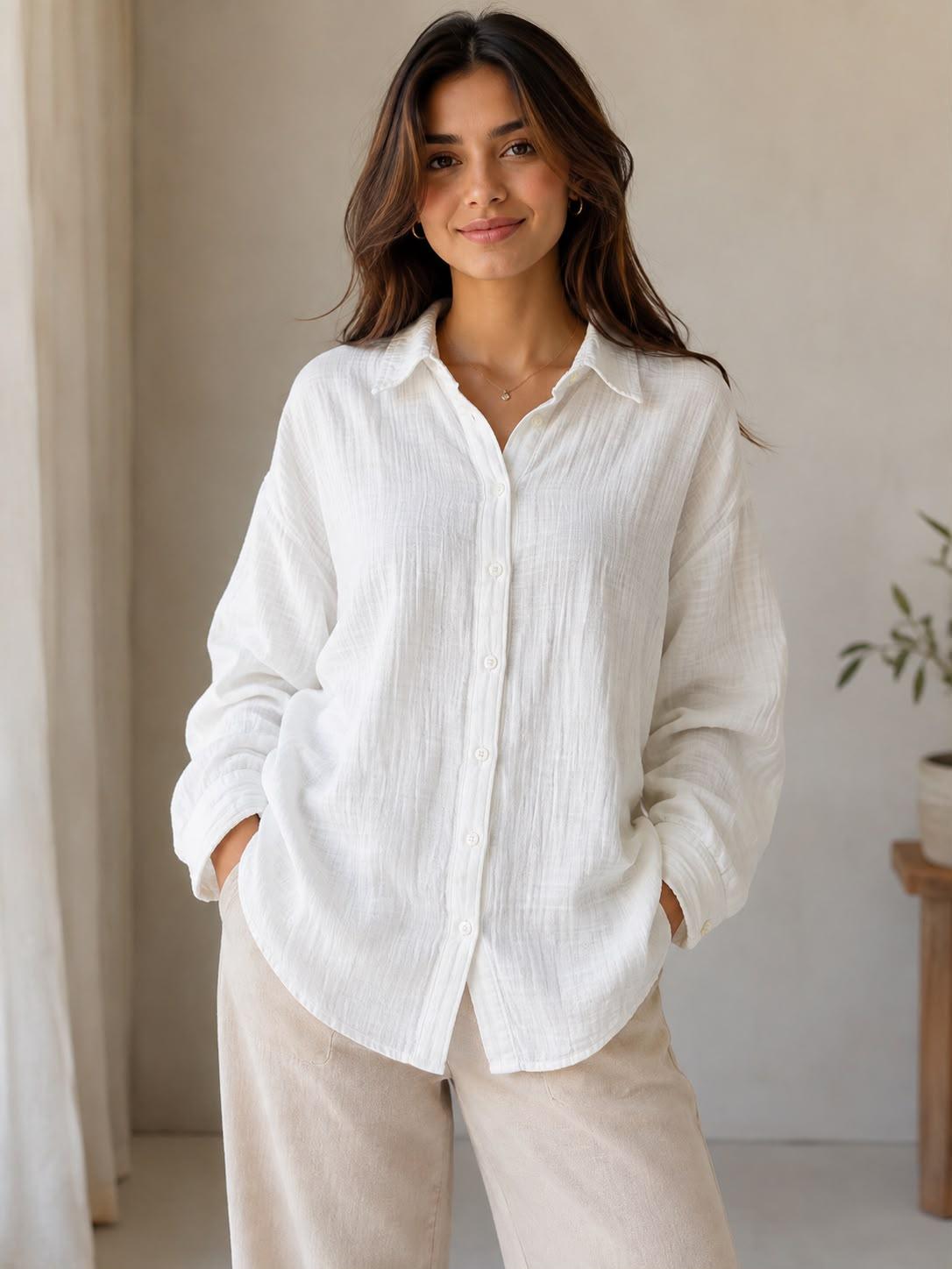 Women's White Cotton Textured Relaxed Fit Shirt by EEYEE in white - product view 3