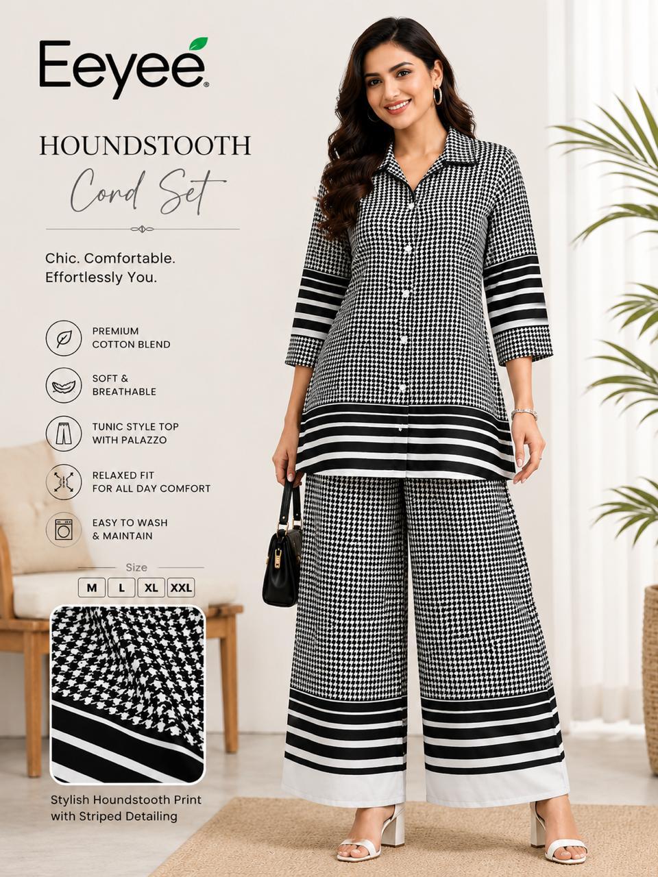 Women's Houndstooth Printed Co-Ord Set | Tunic Style Top with Palazzo Pants | 3/4 Sleeves | Casual & Office Wear by EEYEE in black - front product view