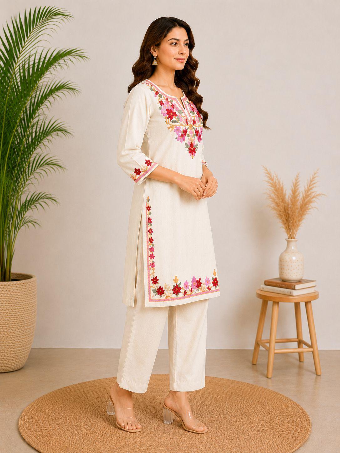 EEYEE Women's Floral Embroidered Ivory Cotton Blend Co-ord Set by EEYEE in Ivory - product view 3