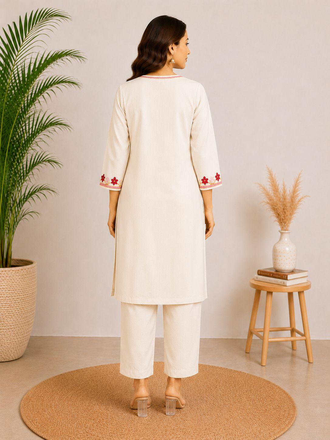 EEYEE Women's Floral Embroidered Ivory Cotton Blend Co-ord Set by EEYEE in Ivory - product view 4