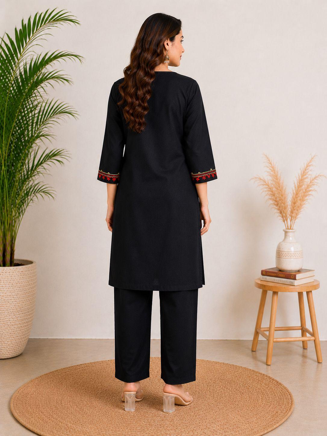 Women's Black Floral Embroidered Kurta with Straight Pant Co-Ord Set | 3/4 Sleeves | Ethnic Wear by EEYEE in black - product view 4