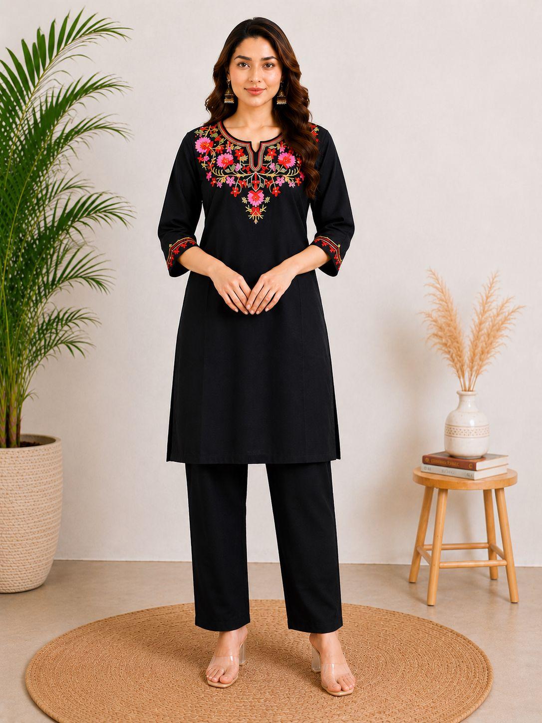 Women's Black Floral Embroidered Kurta with Straight Pant Co-Ord Set | 3/4 Sleeves | Ethnic Wear by EEYEE in black - product view 2