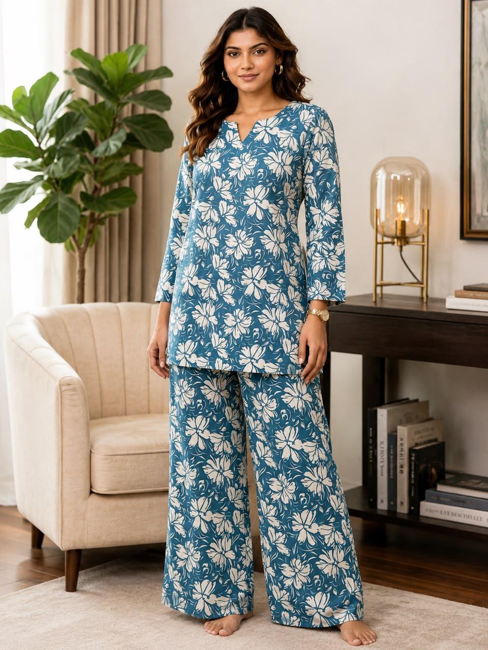 Women's Blue Floral Printed Co-Ord Set | Tunic Style Top with Wide Leg Palazzo Pants | Casual & Lounge Wear by EEYEE in blue - product view 3