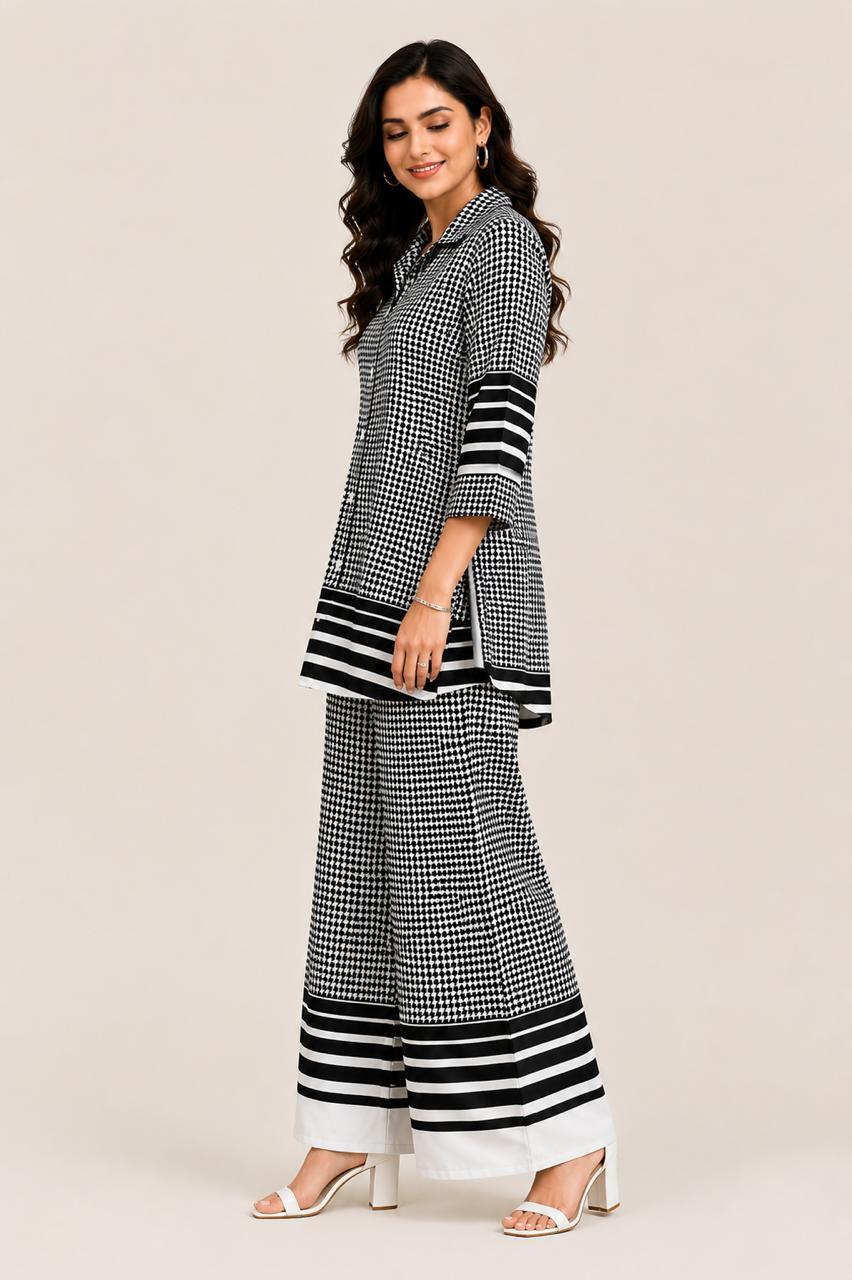 Women's Houndstooth Printed Co-Ord Set | Tunic Style Top with Palazzo Pants | 3/4 Sleeves | Casual & Office Wear by EEYEE in black - product view 3